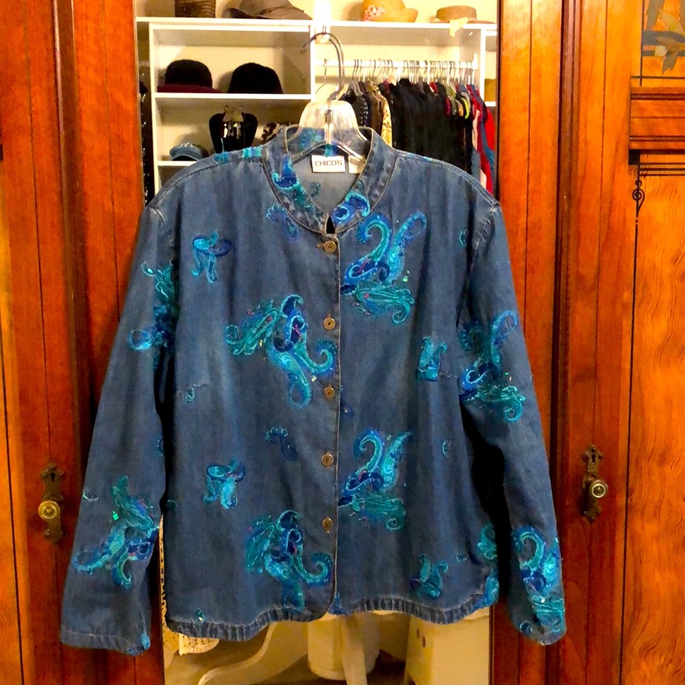 Vintage Chico’s denim paisley patterned jacket